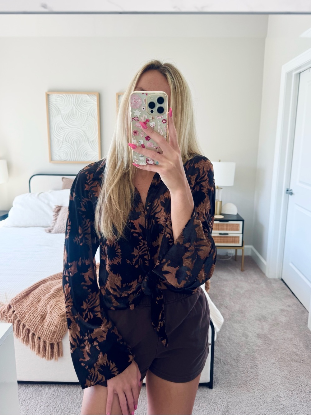 Zara Black Brown Floral Blouse | Button-Up Cropped Long Sleeves Size S